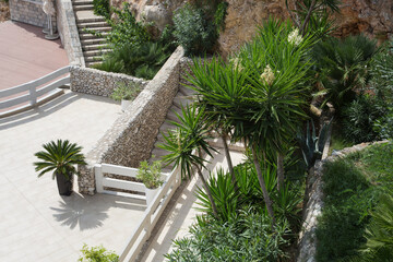 Garden and terrace design and landscaping:Lush mediterranean garden park with green plants, bushes, palms surrounding ancient virgin stone walls, stairways, tiled floors and wooden terraces, Croatia