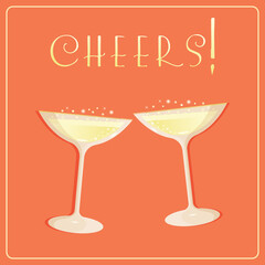 Two shiny champagne saucer glasses with bubbles. Cheers vintage card vector illustration on coral rose background. Clinking champagne coupe glasses retro poster with bubbly sparkling vine. - obrazy, fototapety, plakaty