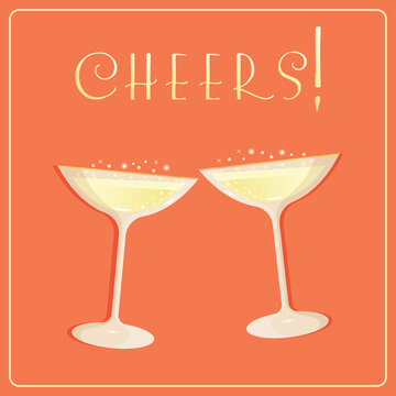 Two shiny champagne saucer glasses with bubbles. Cheers vintage card vector illustration on coral rose background. Clinking champagne coupe glasses retro poster with bubbly sparkling vine.