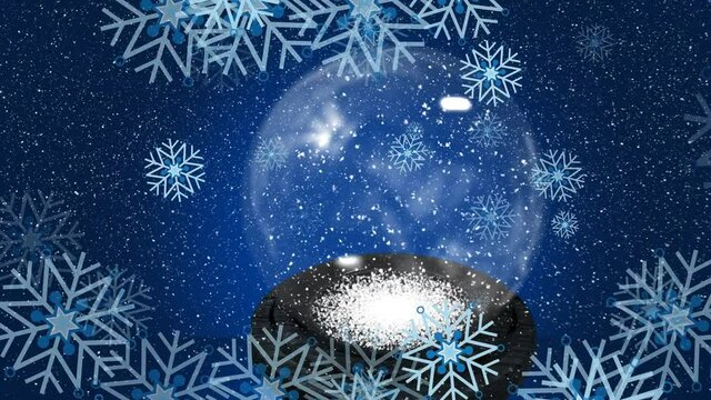 Animation of snowflakes falling over christmas snow globe on dark blue background