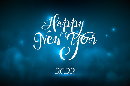 Happy new year text design, christmas starry sky background with stars glow