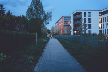 Path for pedestrians in the suburb of Möhringen, Stuttgart, during blue hour.