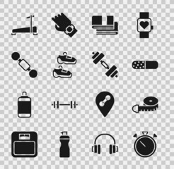 Set Stopwatch, Tape measure, Vitamin pill, Towel stack, Sport sneakers, Dumbbell, Treadmill machine and icon. Vector