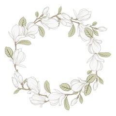 Round wreath of magnolia in black and white. Frame made of spring flowers.