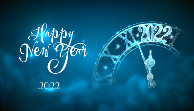 2022 happy new year, сongratulatory banner in abstract futuristic style with clock