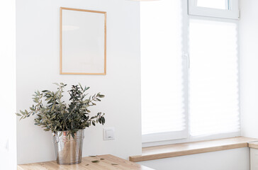 Mock up frame in kitchen interior background. Scandinavian home design.