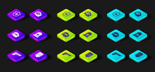 Set Pistol or gun, Oath on the Holy Bible, Law, Flasher siren, Scales of justice and Police badge icon. Vector