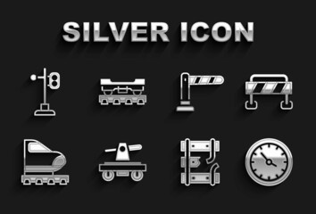 Set Draisine or handcar, Road barrier, Train station clock, Broken rails railway, High-speed train, Railway, traffic light and Cargo wagon icon. Vector