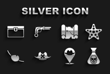 Set Pirate hat, Starfish, coin, Location pirate, eye patch, treasure map, Antique chest and Vintage pistols icon. Vector