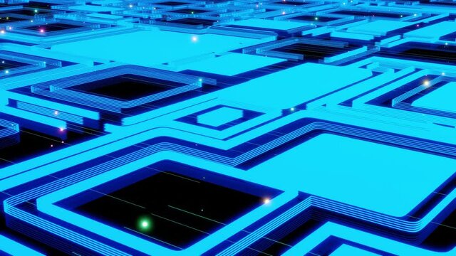 Vj abstract sci fi futuristic bg. Fly over 3d multilayer hologram complex pattern. Neon light or glow blue color gradient. Isometric view. Simple shapes periodic pattern. Like on conveyor belt