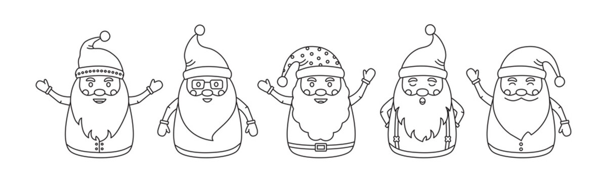 Christmas Santa Claus coloring page, cute cartoon character set, New Year collection, holiday winter vector illustration isolated on white background