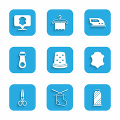 Set Thimble for sewing, Knitting needles, Sewing thread on spool, Leather, Scissors, Zipper, Electric iron and icon. Vector