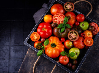 Fototapeta na wymiar Assortment of different colorful tomatoes