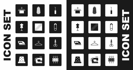 Set Awl tool, Textile fabric roll, Mannequin, Hanger wardrobe, Safety pin, Sewing thread on spool, Scissors and Electric iron icon. Vector