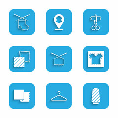 Set Knitting needles, Hanger wardrobe, Sewing thread on spool, pattern, Textile fabric roll, Scissors and icon. Vector