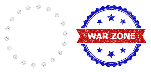 War Zone scratched seal imitation, and dotted circle frame icon polygonal model. Red and blue bicolored stamp seal contains War Zone tag inside ribbon and rosette.