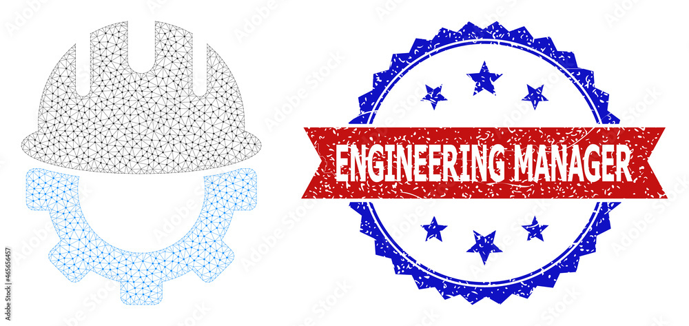 Poster engineering manager scratched badge, and engineering icon mesh model. red and blue bicolor stamp sea