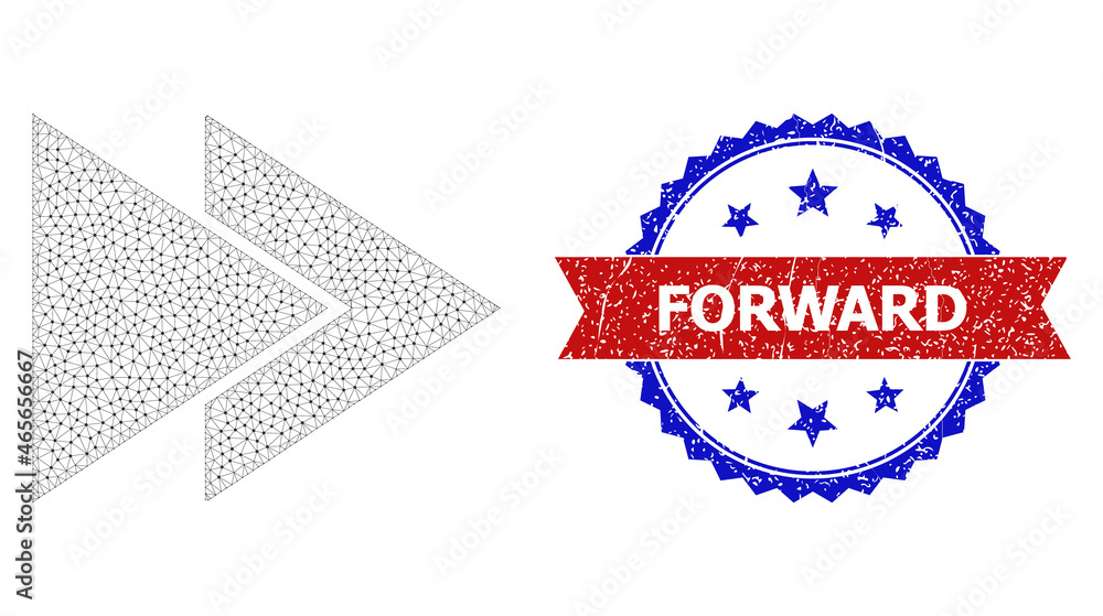 Poster forward scratched watermark, and fast forward icon mesh model. red and blue bicolor stamp seal conta