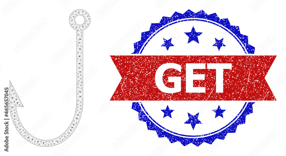 Poster get rubber seal, and fish hook icon network structure. red and blue bicolored stamp seal has get cap