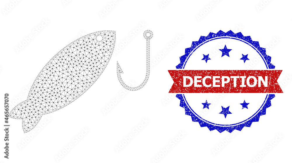 Poster deception unclean stamp seal, and fishing icon mesh model. red and blue bicolored stamp seal contain
