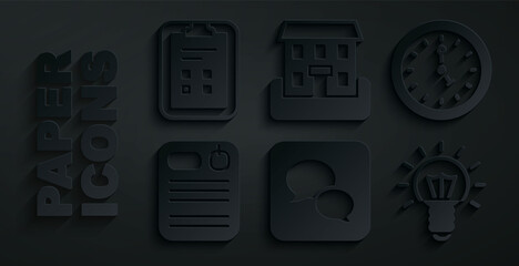 Set Speech bubble chat, Clock, Dossier folder, Light bulb, School building and Exam sheet with check mark icon. Vector