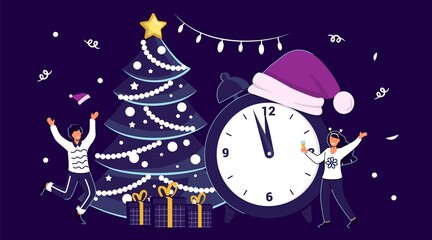 Five minutes before New Years or Christmas Flat tiny family vector illustration Holidays schedule Christmas or New Year countdown Festive mood with tree decorated for greeting card