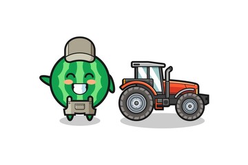 the watermelon farmer mascot standing beside a tractor