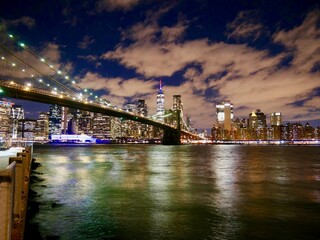 Dumbo, New York City, Brooklyn Bridge with World Trade Center Night View 
