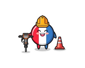 road worker mascot of france flag holding drill machine