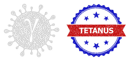 Tetanus scratched stamp seal, and Gamma covid virus icon triangular model. Red and blue bicolor stamp includes Tetanus caption inside ribbon and rosette. Abstract 2d mesh Gamma covid virus,