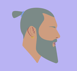 Portrait. Silhouette. Face. Male head with top knot hair on pink background. Man head silhouette.  Flat colored illustration. Adult stylish bearded man with an earring in his ear.