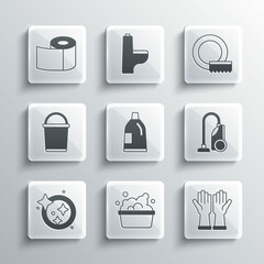 Set Basin with soap suds, Rubber gloves, Vacuum cleaner, Bottle for cleaning agent, Washing dishes, Bucket, Toilet paper roll and icon. Vector
