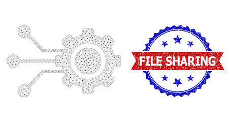File Sharing textured stamp, and gear connectors icon polygonal structure. Red and blue bicolored stamp contains File Sharing text inside ribbon and rosette. Abstract flat mesh gear connectors,