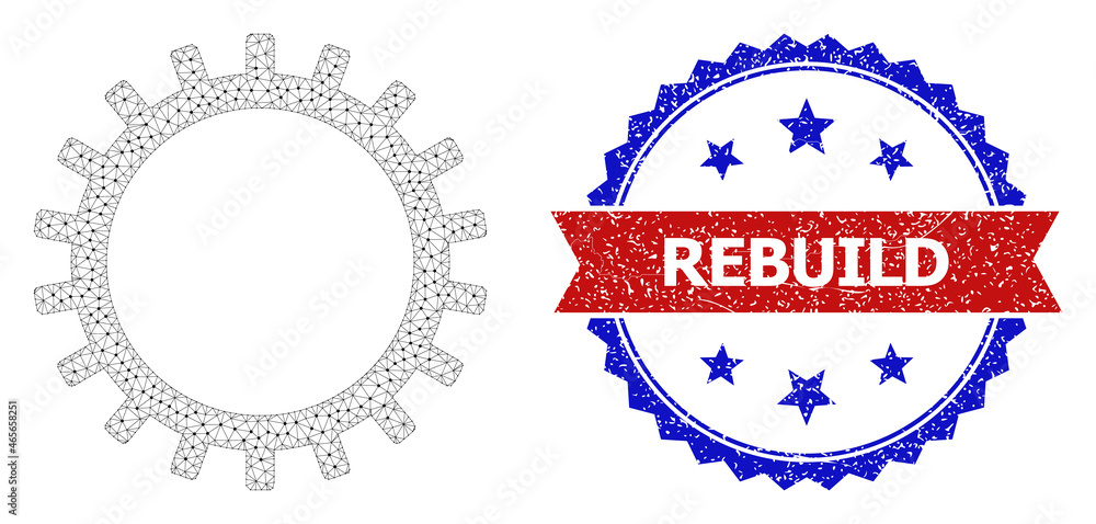 Poster rebuild scratched stamp, and gear icon network structure. red and blue bicolored stamp seal has rebu