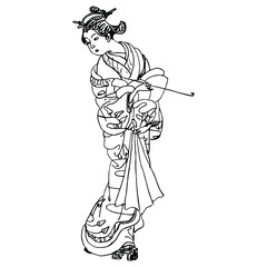 Standing Japanese woman in kimono holding opium pipe. Traditional style. Hand drawn linear doodle rough sketch. Black silhouette on white background. - obrazy, fototapety, plakaty