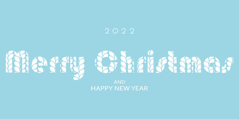 Vector illustration. Merry Christmas and Happy New Year. Greeting card. Knitted sweater on a blue background. New Year 2022. Knitted text texture. Winter simple minimalism banner.