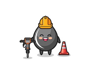 road worker mascot of oil drop holding drill machine