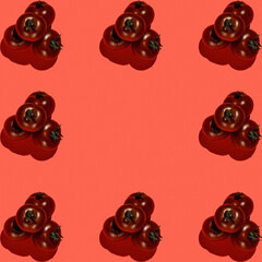 Cherry tomatoes pattern. Red background. Tomatoes.
