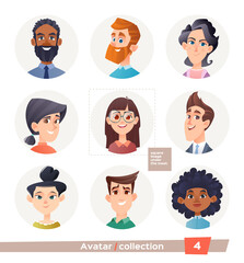 Collection of avatars, people. A set of user faces for a web forum or account. Icons of men and women.
