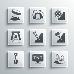 Set Dynamite, Gem stone, Construction jackhammer, Shovel, Mine entrance, Giant magnet holding iron dust and Bucket wheel excavator icon. Vector