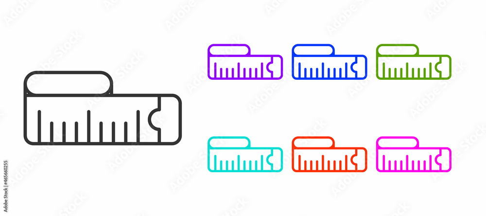 Poster black line tape measure icon isolated on white background. measuring tape. set icons colorful. vecto