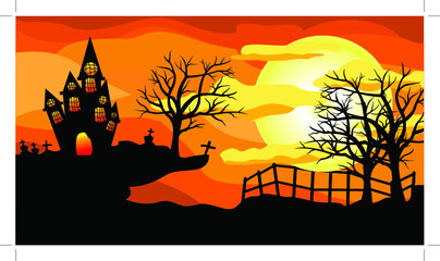 halloween background with pumpkins, silhouette background with halloween theme, halloween scene, witch castle silhouette