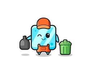 the mascot of cute ice cube as garbage collector