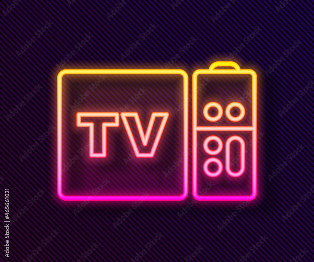 Poster glowing neon line multimedia and tv box receiver and player with remote controller icon isolated on 