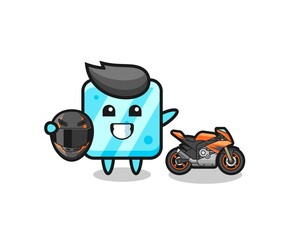 cute ice cube cartoon as a motorcycle racer