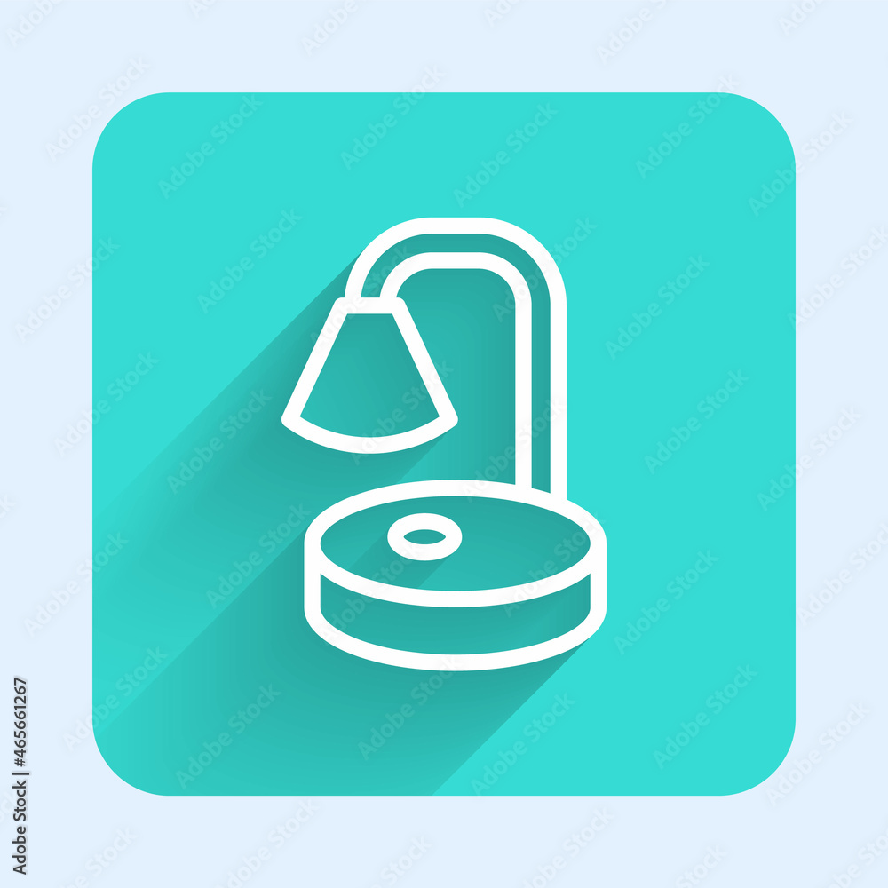 Poster White line Table lamp icon isolated with long shadow. Desk lamp. Green square button. Vector