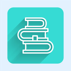 White line Book icon isolated with long shadow. Green square button. Vector