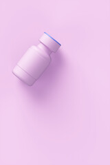 Close-up of a cartoon ampoule of coronavirus vaccine on a pink background. 3d rendering illustration