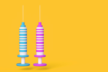 Cartoon syringes on a yellow background. Vaccination against coronavirus concept. 3d render illustration.
