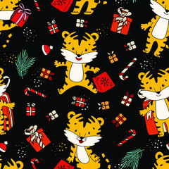 Pattern with cute tiger character with new year elements. Gift, christmas tree, hat, surprise, box.